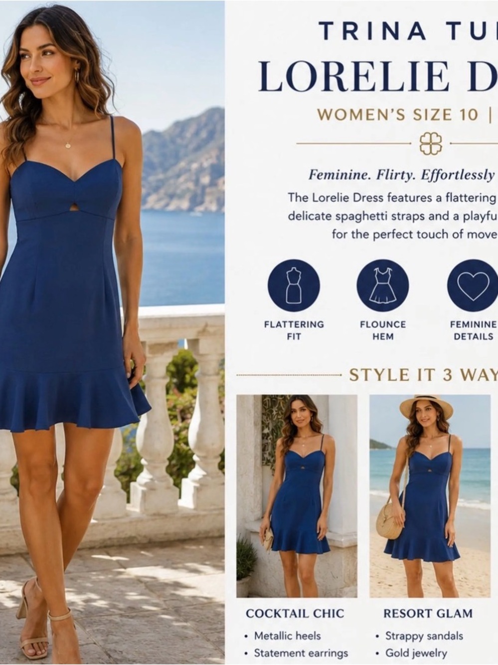 Trina Turk Navy Spaghetti-Strap Flounce-Hem Mini Dress.Size 4